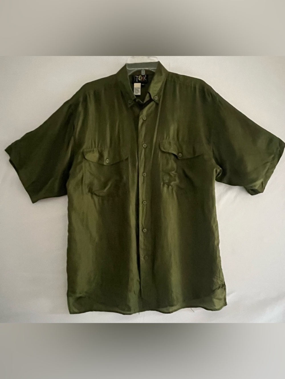 100% Silk Olive Green Utility Button Down Shirt Sage